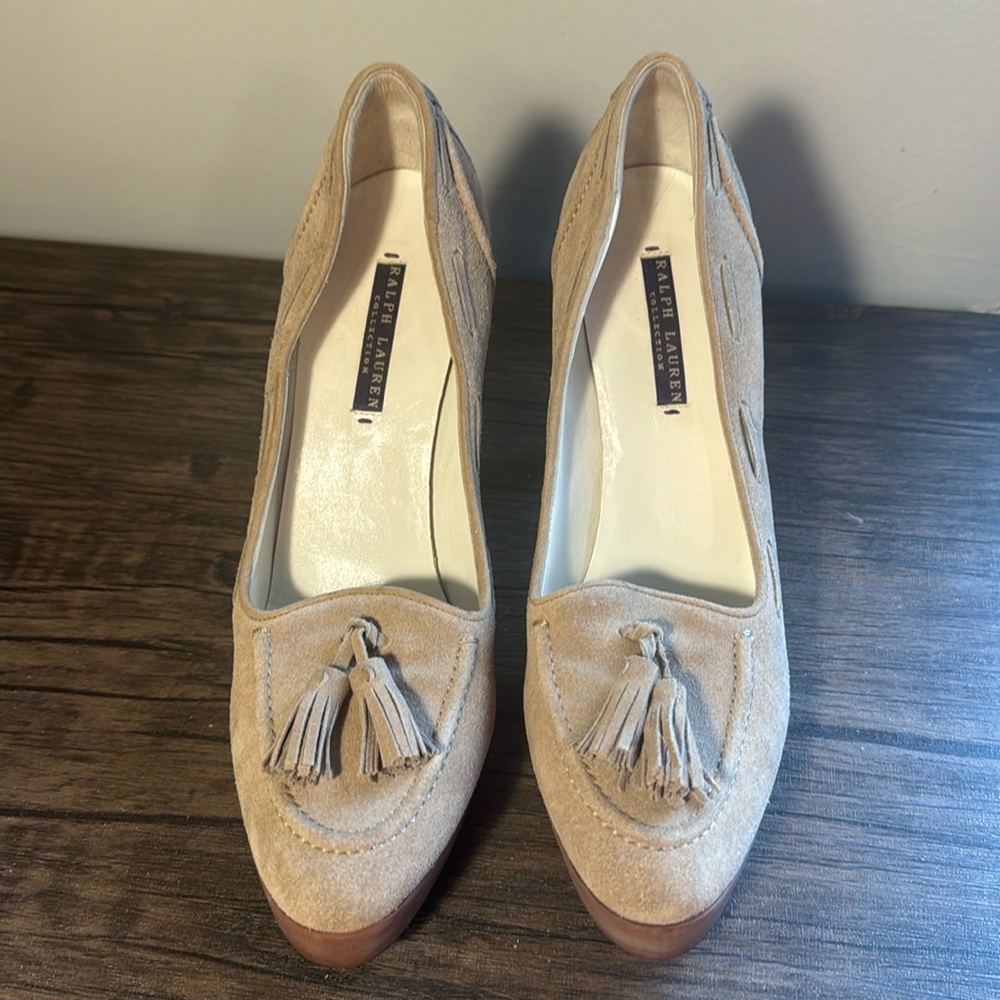 Ralph Lauren Purple Label Beige Suede Tassel Heels
